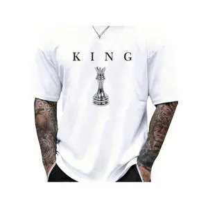 THE KING Men's 180GSM Cotton T-Shirt - Black Chess King Graphic Print, Casual Short Sleeve Round Neck Tee for Casual Attire Novelty Graphic T Shirt funny tshirt Undershirts Tees Casual Streetwear Classic Plain Men's Women Cotton Moisture Wicking Short