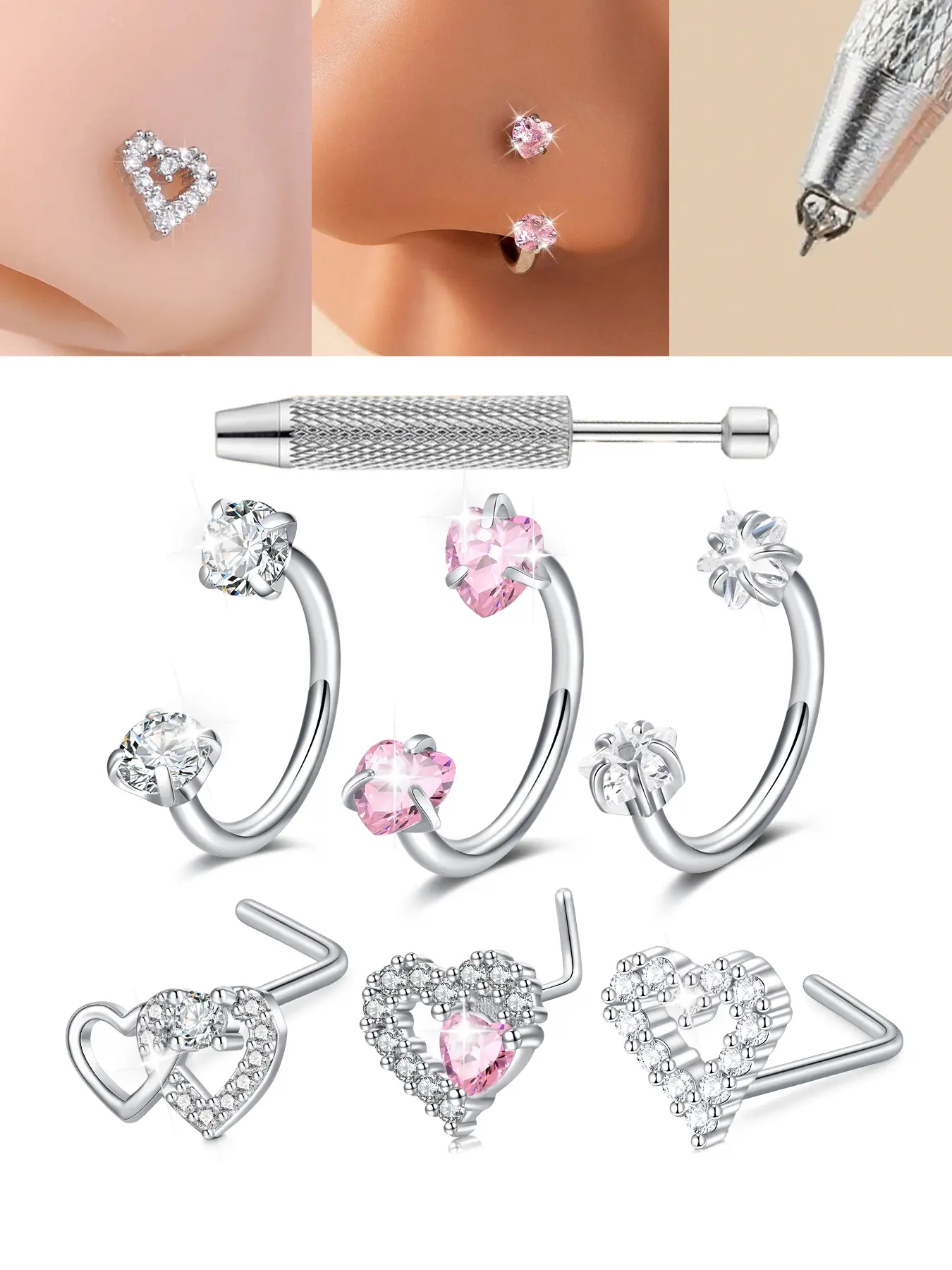 Unisex Stainless Steel Cz Nose Ring, Nose Piercing Jewelry, Heart & Star Design, 18g Soft Cartilage Earring Studs, Fashionable Jewelry Gift, Nose Rings Set