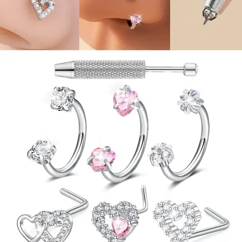 Unisex Stainless Steel CZ Nose Rings Set, Heart & Flower Design, L-Shaped Studs & Hoop Styles, 18G Nose Piercing Jewelry with Rhinestone Accents, Stainless Steel Noserings