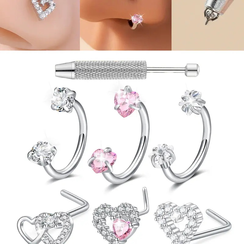 Unisex Stainless Steel CZ Nose Rings Set, Heart & Flower Design, L-Shaped Studs & Hoop Styles, 18G Nose Piercing Jewelry with Rhinestone Accents, Stainless Steel Noserings