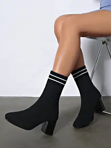 Women's Sock Heel Shoes, Square Toe Elastic Knit Ankle Boots, Chunky High Heels Fashion Boots, Stylish Footwear for Women