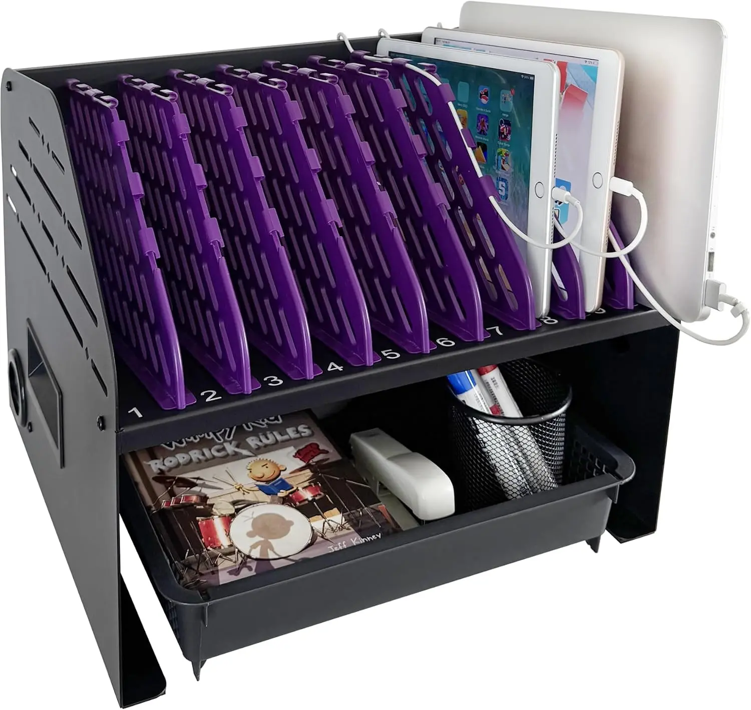 10-Device Laptop Charging Station for Chromebooks, iPad & Tablets | 6 AC Outlets & 4 Fast-Charging USB Ports, Fits Devices up to 1.375" Thick, For Classroom, Office & Home, Cable Management