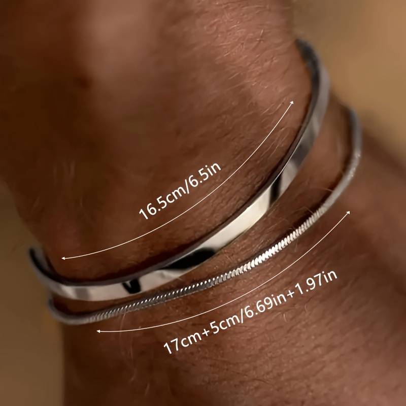 2pcs Silvery Smooth Bangle And Snake Chain Bracelet Set, Minimalist Dual Style for Stacking, Understated Perfect Gift for Men Father Son Boyfriend