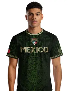 Mexico Soccer Jersey with Golden Aztec Calendar and Eagle Crest, Sporty Fitted Long Sleeve, Animal Print, All Seasons