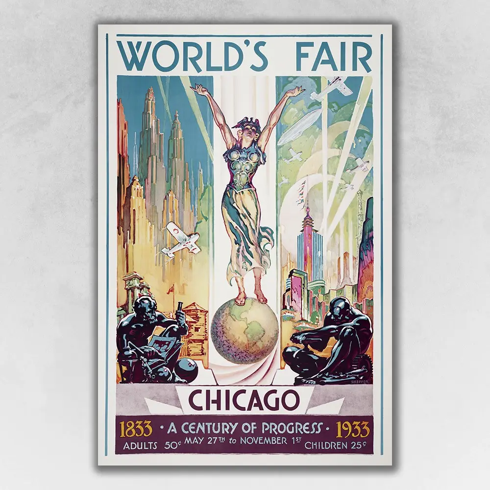 360 stand Matt 1933 Chicago Worlds Fair Multi-Color Print - 20x30 in. Paper Base Wall Art, Chicago Skyline Design, Artistic Home Decor Piece, Decoration, Poster, Home Inspo