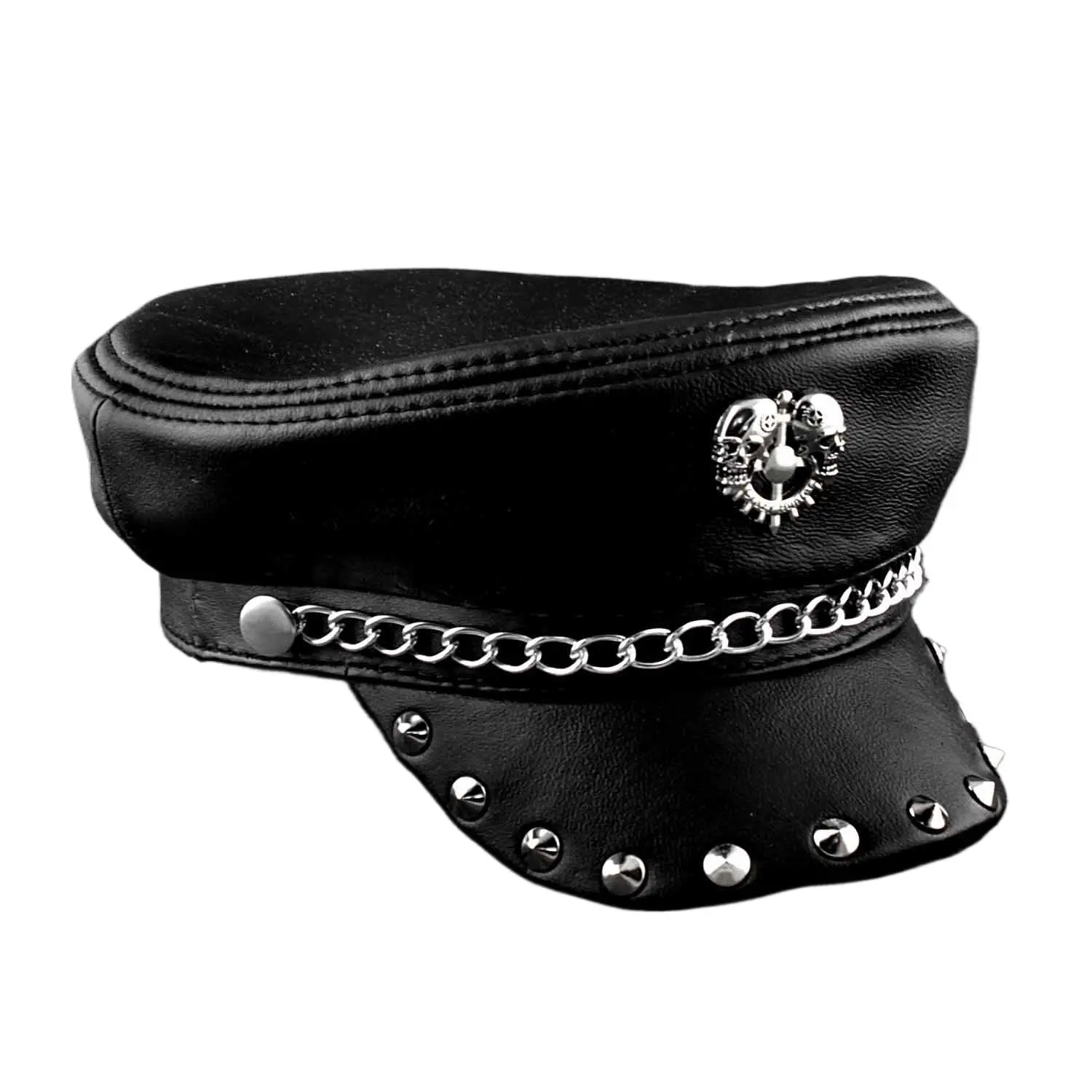 New! Metal Rivet Studded Skull Mens Genuine Leather Biker Punk Rocker Cap Hat