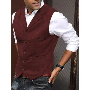 Men's Vintage Herringbone Tweed Vest - Wool Blend Retro Western Cowboy Style, Sleeveless V-Neck Waistcoat for Formal Events, Weddings, Proms, Parties, Casual Outings, Golf, and Workwear, Workwear Clothing |   Button Closure Vest |   Classic Vest Style