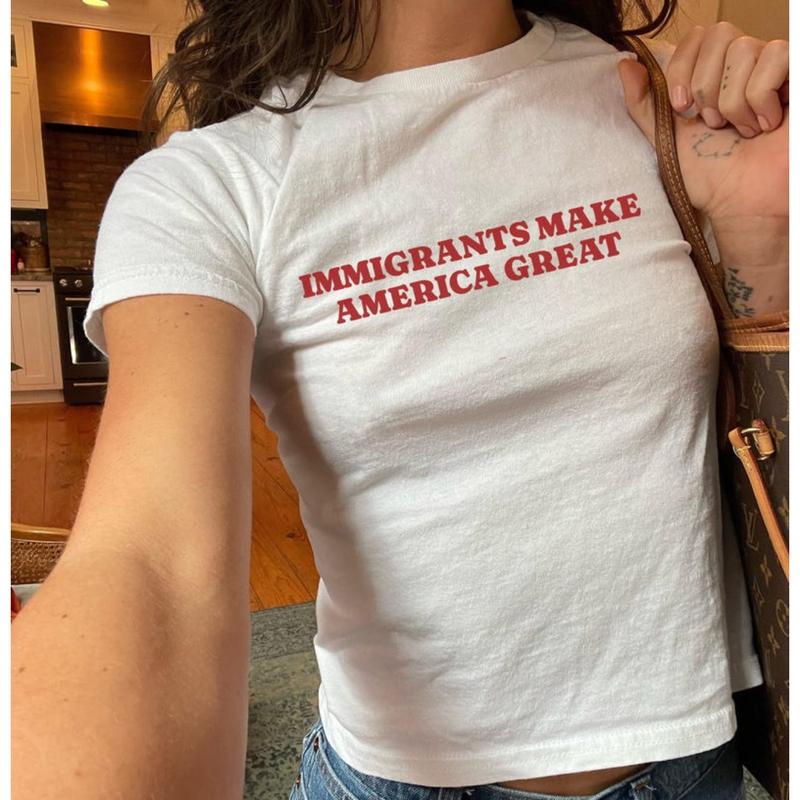 Women's Immigrants Make America Great Graphic T-Shirt - 100% Cotton White Short Sleeve Crew Neck Regular Fit Casual Wear | Soft & Breathable Fabric, Durable Print, Everyday Comfort, Machine Washable, casual urban indoor home