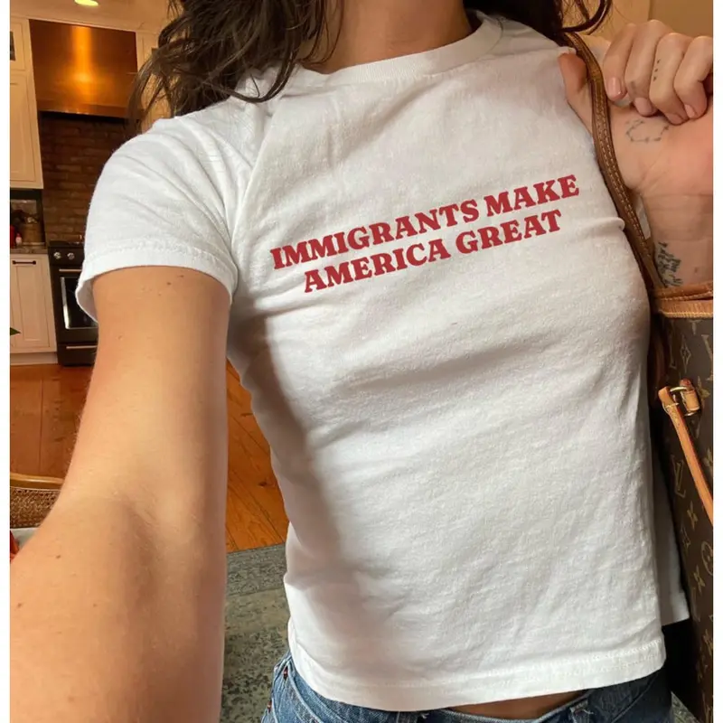 Women's Immigrants Make America Great Graphic T-Shirt - 100% Cotton White Short Sleeve Crew Neck Regular Fit Casual Wear | Soft & Breathable Fabric, Durable Print, Everyday Comfort, Machine Washable, casual urban indoor home