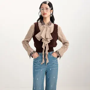 FAME Check Patchwork Vest Fake Two-Piece Knitted Top