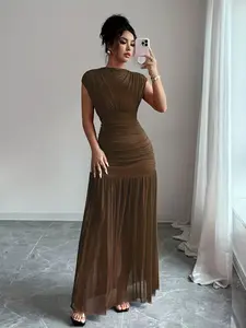 Women's New Fashion Elegant Minimalist Boat Neck Sleeveless Sexy Hollow Out Ruched Waist Solid Long Dress, Womenswear, Stylish and Chic Formal Evening Wear, Lady