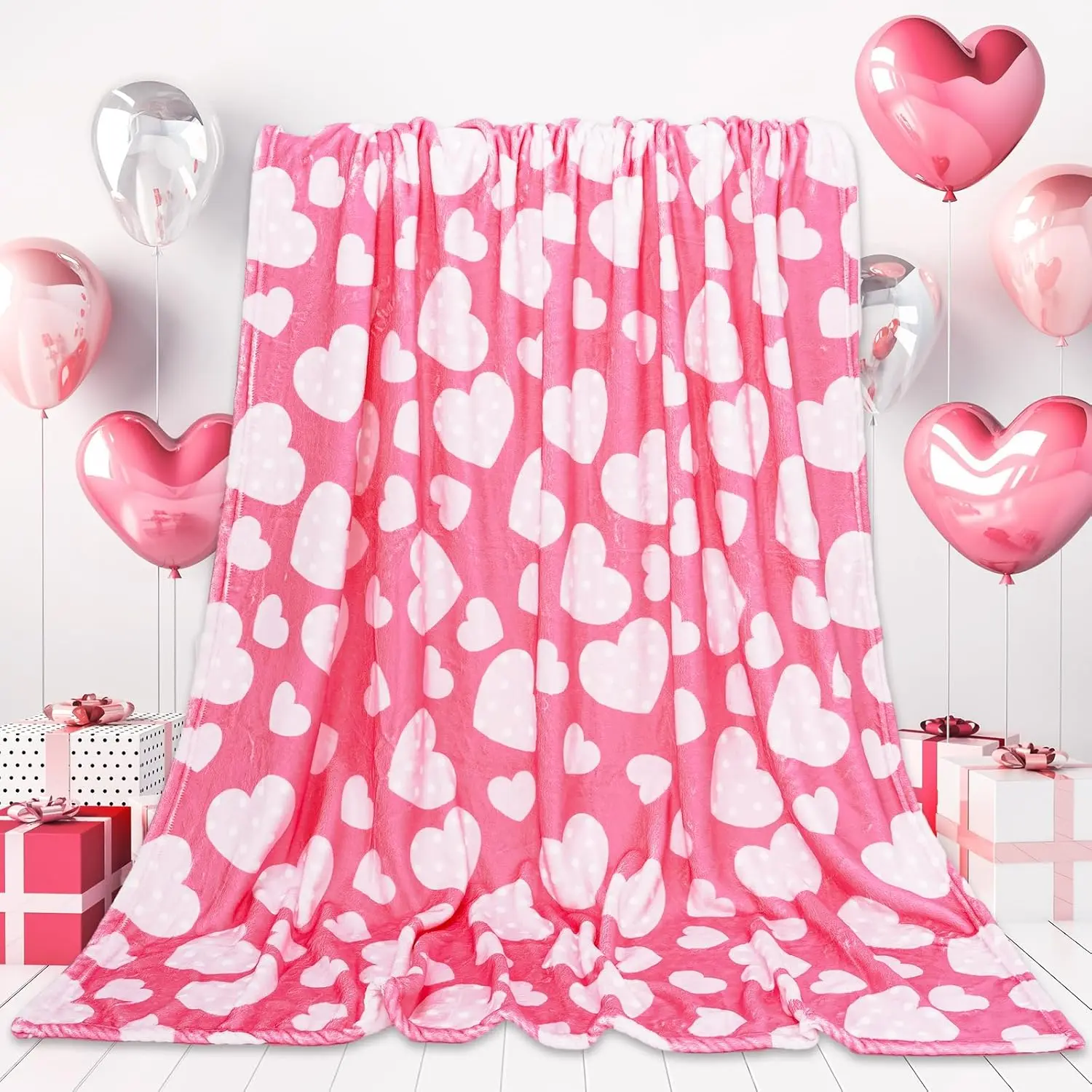 Valentine's Day Fuzzy Blanket Pink Love Heart Throw Blanket Polka Dots Heart Pattern Decorative Soft Cozy Flannel Blanket for Home Bed Sofa Couch Chair Gift