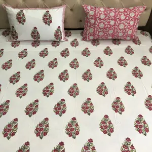 Pure cotton hand block printed bedsheet with pillow cover ,Hand print bedsheet handmade jaipuri traditional Red floral print bedsheet