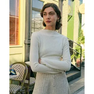 rihoas Lady's Knitted Ribbed Long Sleeve Minimalist Fitted Solid Mock Neck Slim Top, Spandex Fabric Casual Women's Blouse