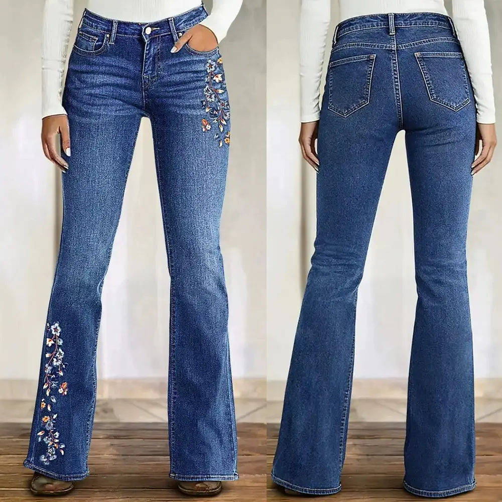 Women's High-Rise Denim Blend Slim-Fitting Jeans - Retro Boho Style with Floral Embroidery, Stretch Button Front, Bootcut Flare Bottom, All-Seasons Multi-Function Womenswear Bottoms