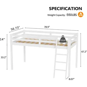 VINGLI Junior Low Loft Bed with Stairs, White Wood Loft Bed Full Size for Adults, Kids and Young Teens, No Box Spring Required,Wood Slat Support