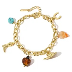 KissYan Cowgirl Western Charm Bracelets, 14K Gold Plated Boot Horseshoe Turquoise Pendant Chain Vintage Jewelry Gift for Women