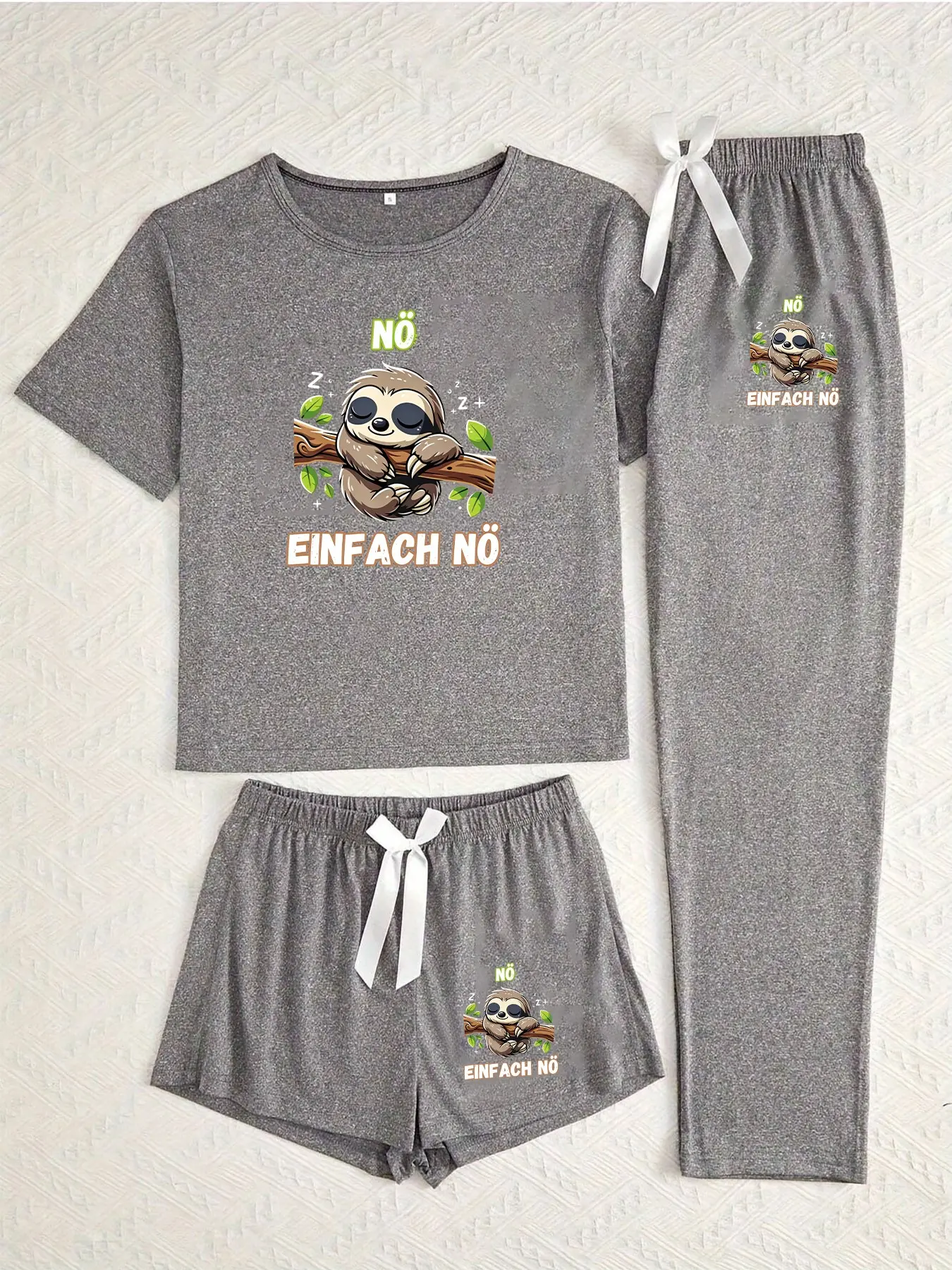 Three-Piece Pajama Set Pjs for Women, Casual Comfy Pyjama, Womenswear, Matching Lounge Outfits, Tree Branch Sloth Print, Casual Fitted Loungewear Sleepwear, All Seasons Comfortable Nightwear