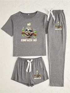 Three-Piece Pajama Set Pjs for Women, Womenswear, Tree Branch Sloth Print, Casual Fitted Loungewear Sleepwear, All Seasons Comfortable Nightwear