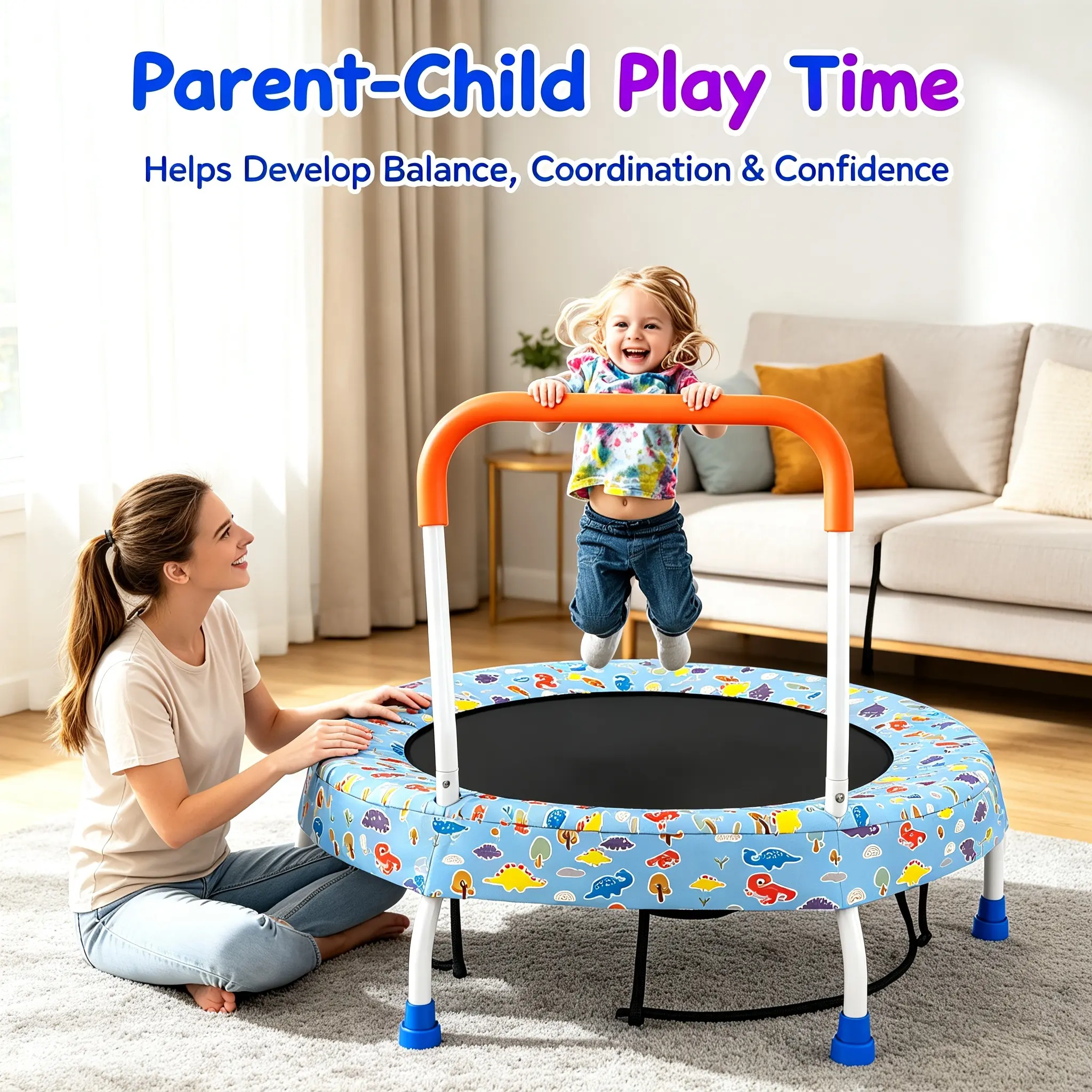 28-Inch adjustable bar Spring-Free Toddler Trampoline with Foam Handrail, No-Gap Anti-Pinch Mini Trampoline for Kids Ages 1+, Quiet Bungee Cord Indoor-Outdoor Active Play Toy, 55 lbs Max Load Screen-Free Energy Burner for Boys Girls
