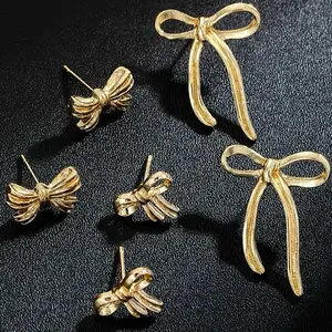 Women's 3-Pair Bow Shape Golden Stud Earrings Set, Fashion Costume Jewelry Accessory, Three Pairs