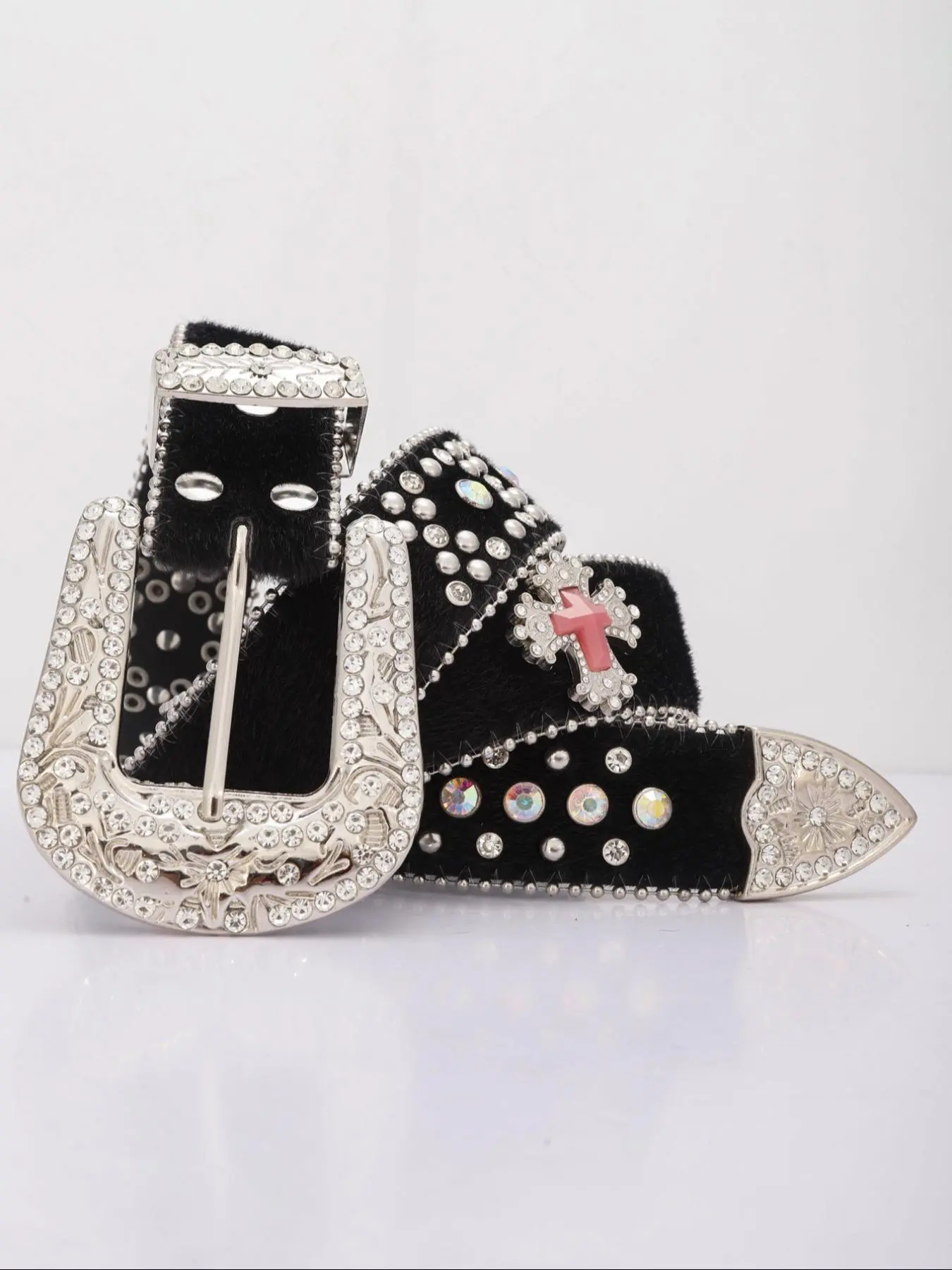 Rhinestone Decorated Cross Design Belt, Punk Style Cowboy Studded Belt for Men & Women, Fashion Belt for Party, Daily Clothing Decor, Trendy Exquisite Belt for Gift