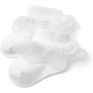 L-SOK013 Baptism Socks for Baby Girls - White Newborn Christening Socks With Cross & Eyelet Frilly Lace