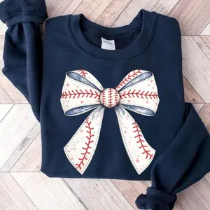 Baseball Stitch Bow Sweatshirt T-shirt, Baseball Ribbon Graphic Shirt, Baseball Mom Shirt, Mother's Day Gift, Sport Lover Tee