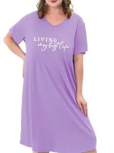Plus Size Women's V-Neck Nightgown, Chic Short Sleeve Sleep Shirt in a Soft Purple Pattern, Light and Comfy Polyester Loungewear Crewneck Womenswear