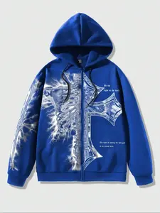 Men's Cross Print Zip Up Gothic Hoodie, Casual Loose Long Sleeve Hooded Sweatshirt for Summer, Fashion Men's Clothes for Daily Wear, Tops