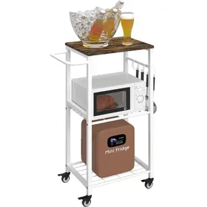 3-Tier Rolling Kitchen Cart Microwave Stand on Wheel, Movable Coffee Bar Cart with Metal Handle, Bakers Rack with 8 Hooks Utility Cart for Living Room, Bedroom, Bathroom, Office, White