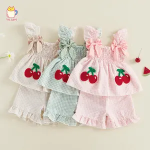 Little Toddler Girls Plaid Outfits Cherry Embroidery Bow Fly Sleeves Tops And Elastic Shorts Set Fashion Cute Clothes