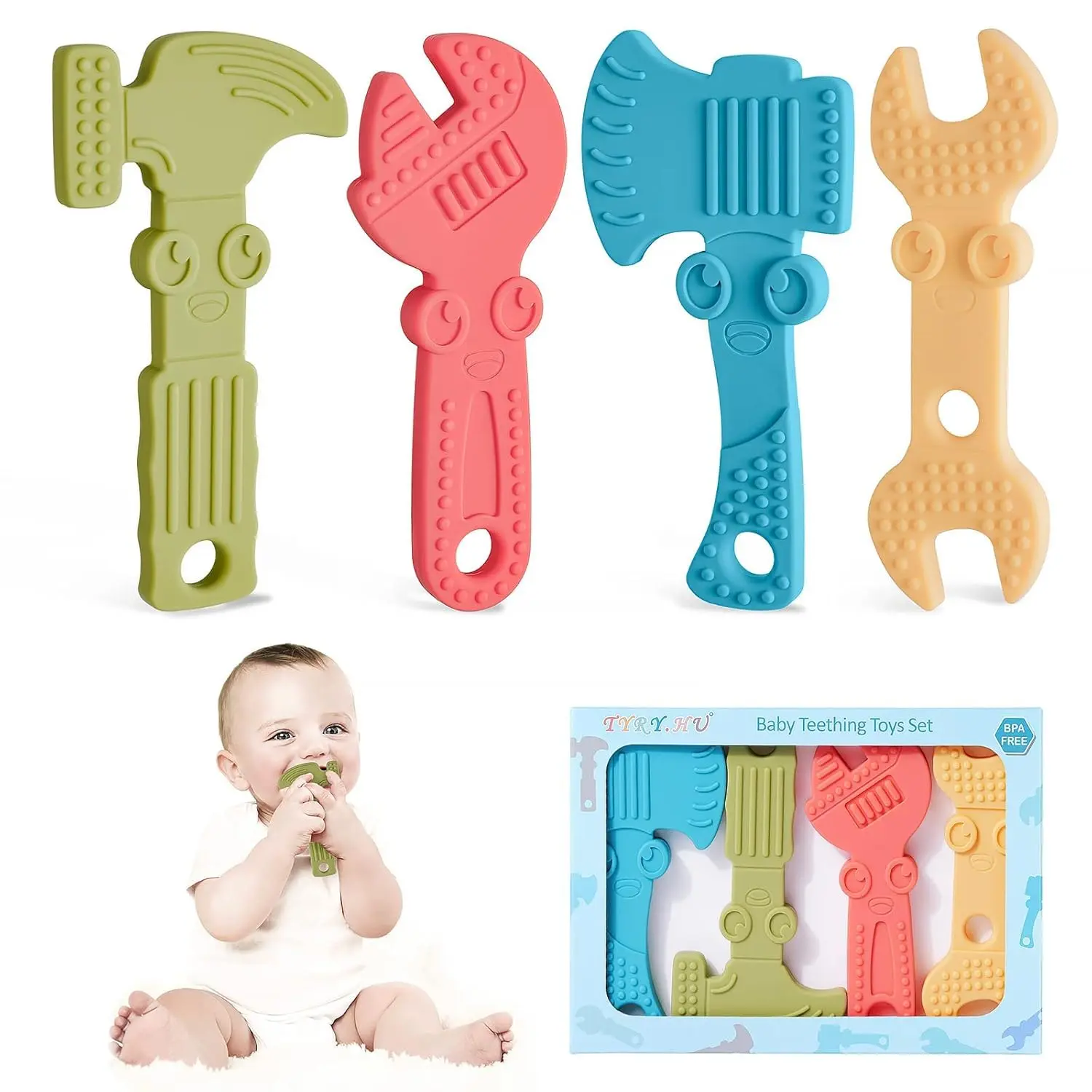4 Pack Baby Teething Toys 0–12 Months, Silicone BPA Free Molar Chew Toys, Hammer Wrench Pliers Shape Teethers for Boys & Girls Baby Teether Toys Set 4PCS, BPA Free Silicone Molar Chew Toys for 0–12 Months, Tool Shape Hammer Wrench Teething Toys