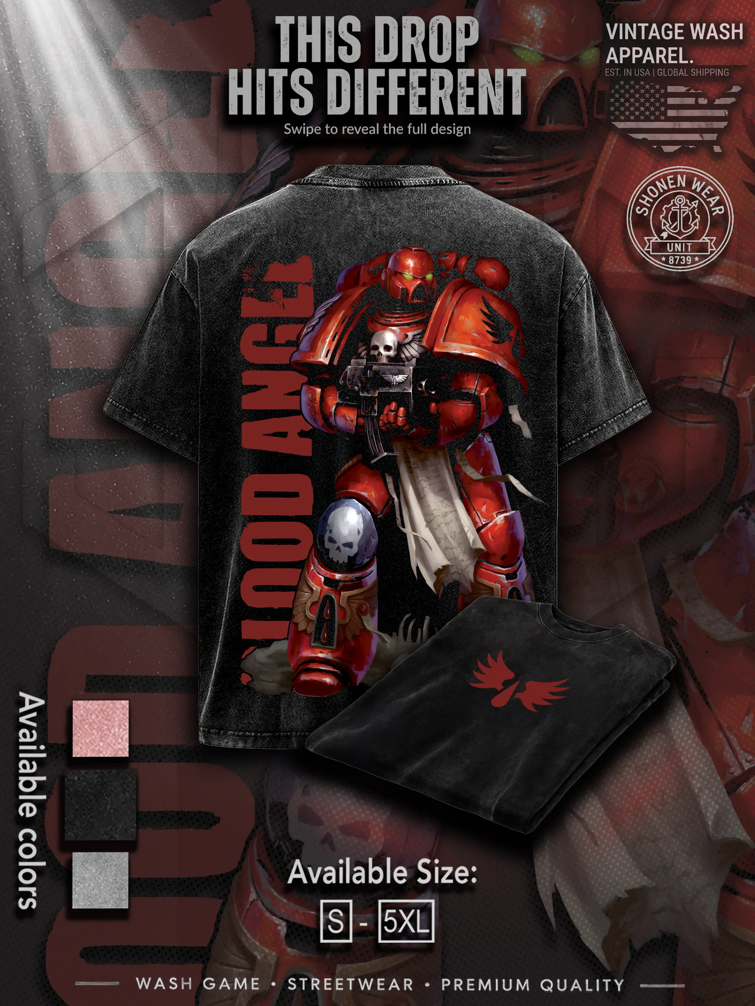 Warhammer 40K Blood Angels Gothic Vintage Washed Unisex Graphic Tees, shirts Men Gifts, Gift For Wargame Fan 90s graphic tees Menswear Oversized