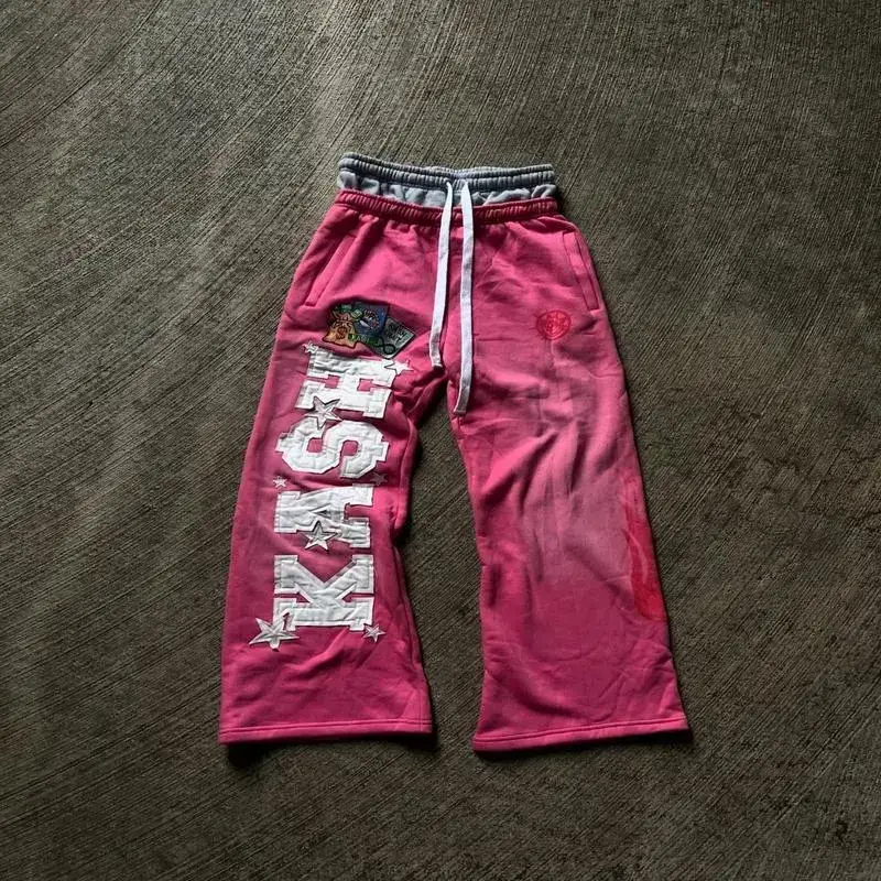 Shiyi Trading Pink Double Layer Sweatpants Y2K Mens Womens Gothic Hip Hop Letter Patch Retro Baggy Pants Casual Elastic Waist Jogging Pants Menswear Trouser(Sheets)