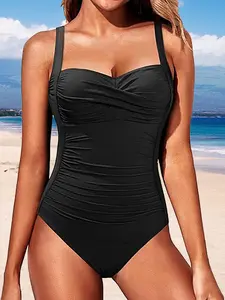 Women's Solid Color One-Piece Swimsuit, Casual Comfy Swimwear for Beach Holiday Vacation, Ladies Swimsuit for All Seasons