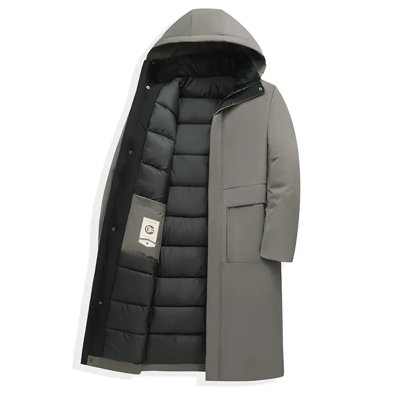 Men’s winter long over-the-knee hooded down coat for business commuting, thickened heat-sealed cold-resistant outerwear, windproof and warm long jacket