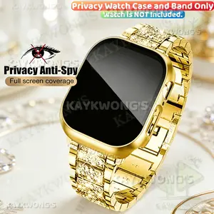 KAYKWONG'S 2 in 1 Set, include 1 Rhinestone-Style Metal Watch Band and 1 Privacy Anti-peeping Protective Watch Case, Anti-Scratch, Compatible with Iwatch Series 11/10/9/8/7/se2/se/6/5/4/3/2/1, for Size 49/46/45/44/42/41/40mm, Watch Protector Cover