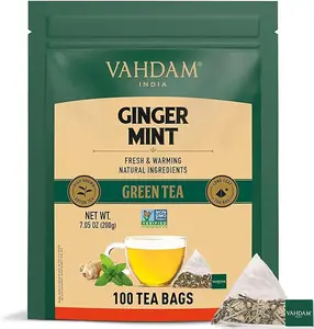VAHDAM, Ginger Mint Green Tea Bags (100 Count) Med Caffeine, Non GMO, Gluten Free, High Grown Green Tea | Whole Loose Leaf Tea Bags | Resealable Ziplock Pouch