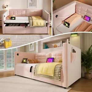 Upholstered Twin Size Daybed, Hydraulic Storage Twin Bed Frame with USB & Type-C Charging, Bed Frame with Wooden Slats and Tufted Sofa(Without Mattress)