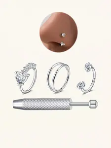 Hypoallergenic Hoop Nose Ring with Internal Thread and Rhinestones, Stainless Steel Piercing Jewelry for Men and Women