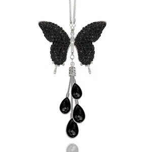 Crystal Butterfly Car Charm with Rhinestone Wings Pearl Drops 29cm Adjustable Rearview Mirror Pendant