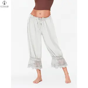 Cropped Lace Pants For Women Ruffle Long Bloomers Flare Lace Trim Pantaloons Vintage Capri Bloomer Pants