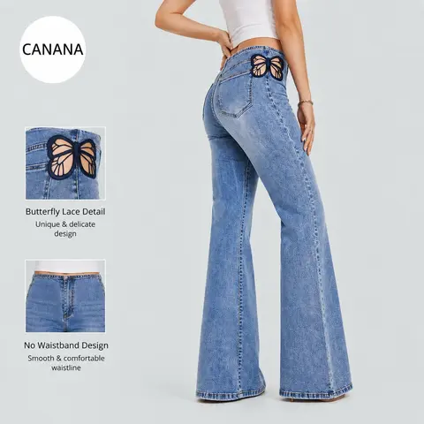 CANANA Butterfly Lace Embroidery High Rise Flared Jeans for Women Stretchy Minimalist Denim Mid Blue Wash Plus Size Regular Size Spring Fashion Daily Outfits SH25F04