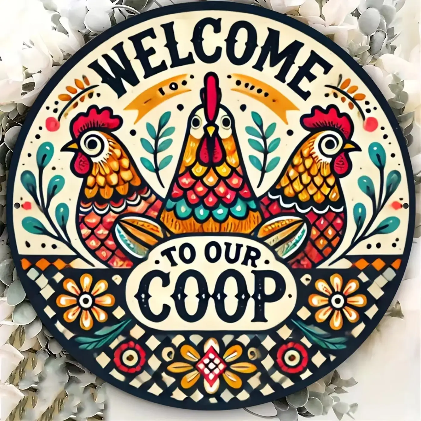 Cute Round Metal Sign 'welcome to Our Chicken Coop' with Vibrant Rooster Pattern, Ideal Waterproof Decorative Wall Decor Plaque for Farmhouse Style, Farmhouse Entryway Decor