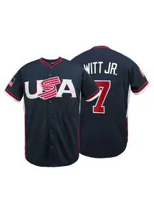 Men's #7 White USA Baseball Jersey, Full Embroidered Athletic Jersey with American Flag Patch, Moisture-Wicking Short Sleeve Button-Down Shirt with Contrast Piping for Game Day Tailgate Daily Streetwear