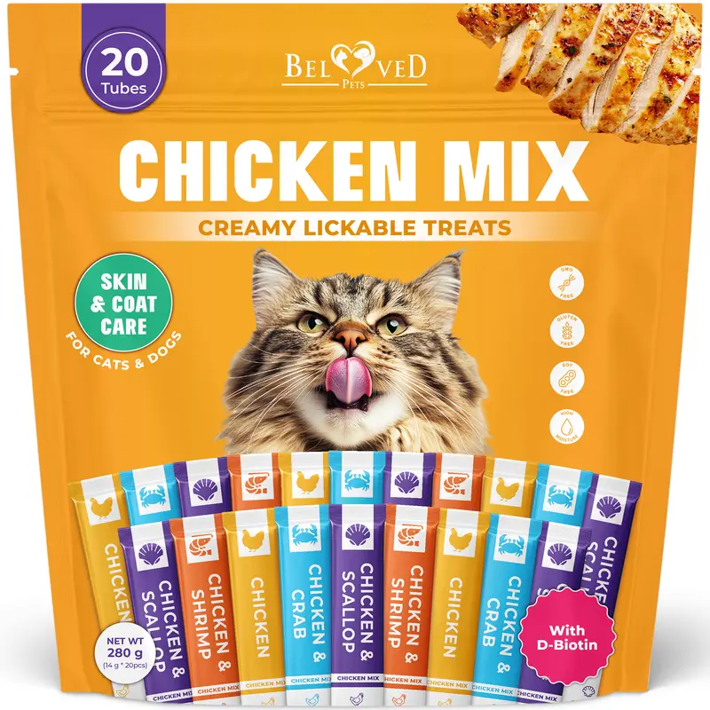 Beloved Pets Creamy Lickable Cat Food Wet Squeeze Tubes - Chicken & Seafood Fish Mix, Liquid Snacks with Hydration Boost, Medicine Hide, Urinary & Skin Care Support, Multivitamin for Cats (20 Sticks)