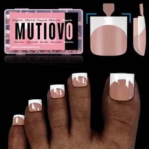 MUTIOVO French Tip Toe Nail Tips Press on, Sharp Square Pre-Designed Soft Gel False Toenail Extension, BROWN PINK Pre-applied Tip Primer & Base Coat, Full Cover Acrylic for DIY x 15 Sizes 240 pcs