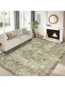 Brown-5*7 feet  Vintage Machine Washable Area Rug For Living Room Non Slip Non Shedding Distressed Floral Print Neutral Carpet Low Pile Stain Resistant Indoor Foldable Floor Cover For Living Room Bedroom Kitchen Playroom Under Table