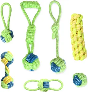 Set of 7 Green Durable (Ball+2 Tug Knot+ Double Loop+ Single Loop+ Bone Knot+ Cotton Corn) Rope Toys for Dogs and Cats (Set of 7) Cotton Material